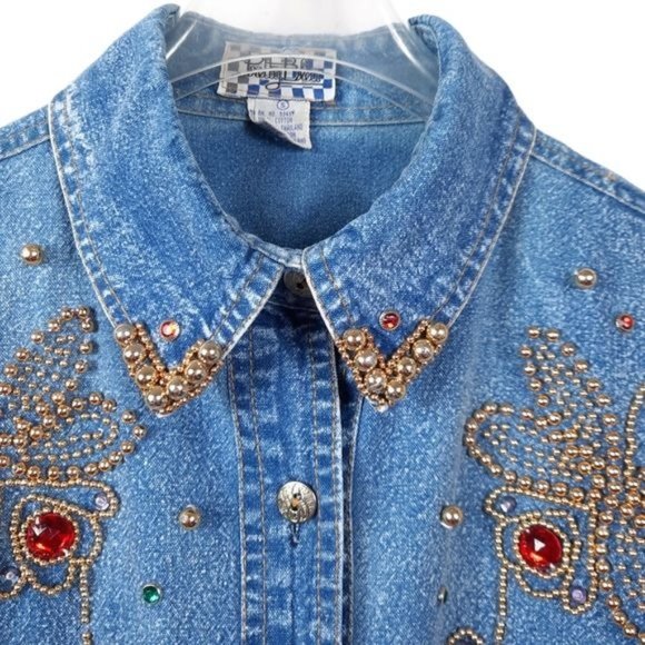 VTG 80s Pretty Bleu Stonewash Cotton Denim Gold Beaded Gems Short Sleeve Shirt S - Picture 6 of 12